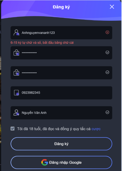 Đăng ký Luck8 hướng dẫn từng bước nhanh nhất chỉ 30s Điền các thông tin đăng ký Luck8