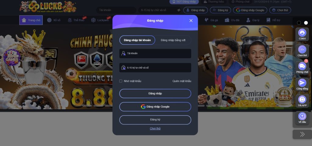 Hướng dẫn thao tác đăng nhập tài khoản Luck8